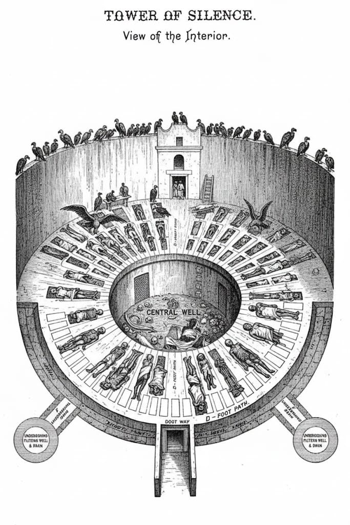  Diagrama de una Dakhma mostrando los tres anillos concéntricos para hombres, mujeres y niños y el pozo central