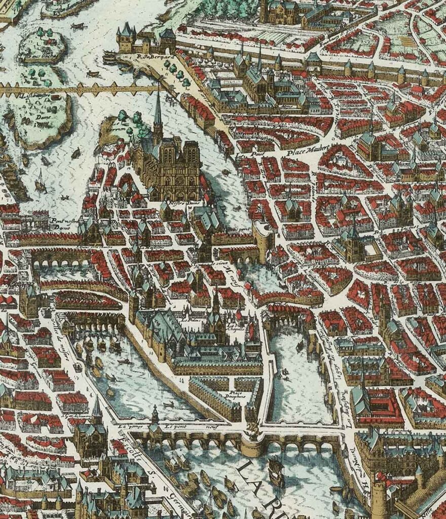 Detalle de los puentes habitados sobre el Sena en el Mapa de Merian