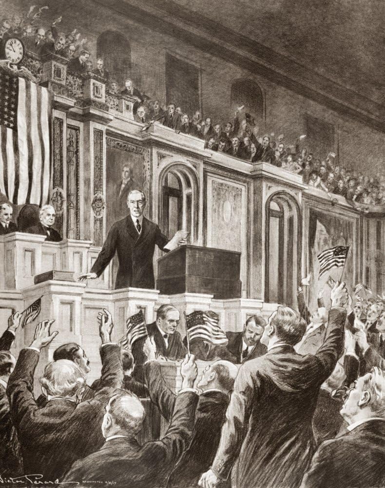 El presidente Woodrow Wilson recomienda declarar la guerra a Alemania en el Congreso el 2 de abril de 1917. Ilustración de Victor Perard
